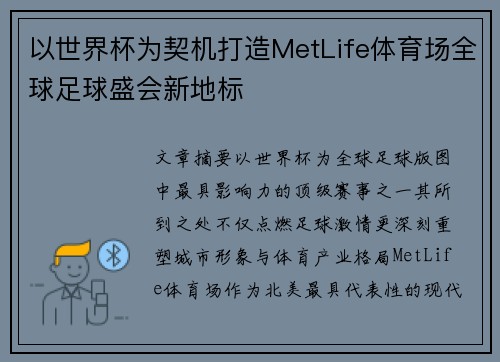 以世界杯为契机打造MetLife体育场全球足球盛会新地标 以世界杯为契机打造MetLife体育场全球足球盛会新地标